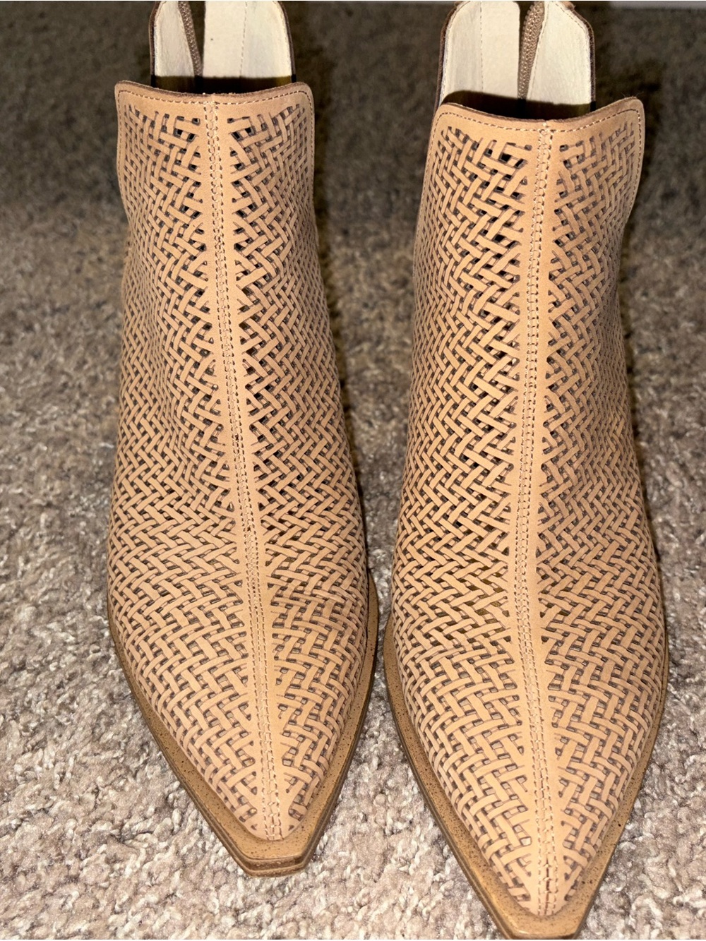 Vince Camuto Woven Tan Pointed Toe Ankle Booties